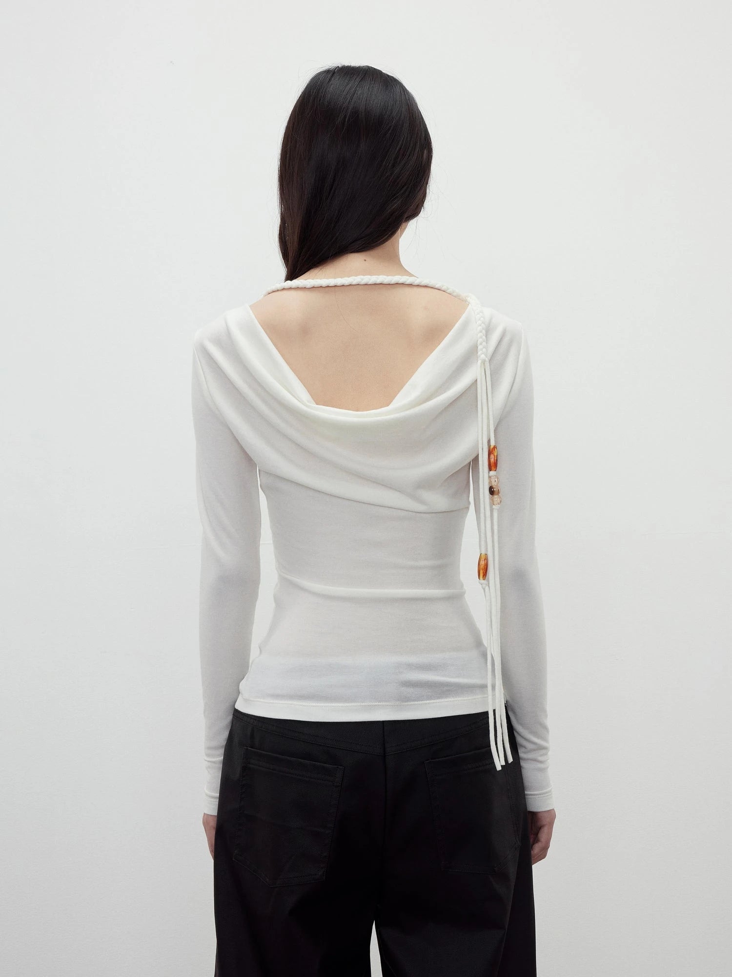 Reversible Merino Wool Beaded Belted Top With Draped Neck