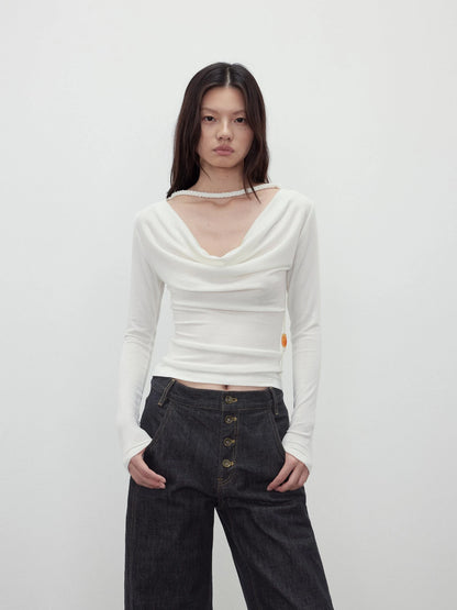 Reversible Merino Wool Beaded Belted Top With Draped Neck