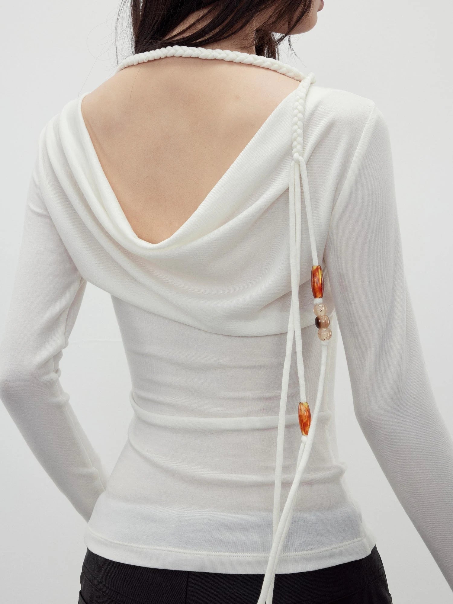 Reversible Merino Wool Beaded Belted Top With Draped Neck