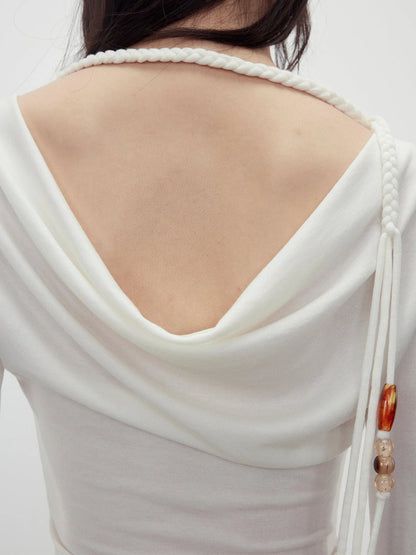 Reversible Merino Wool Beaded Belted Top With Draped Neck