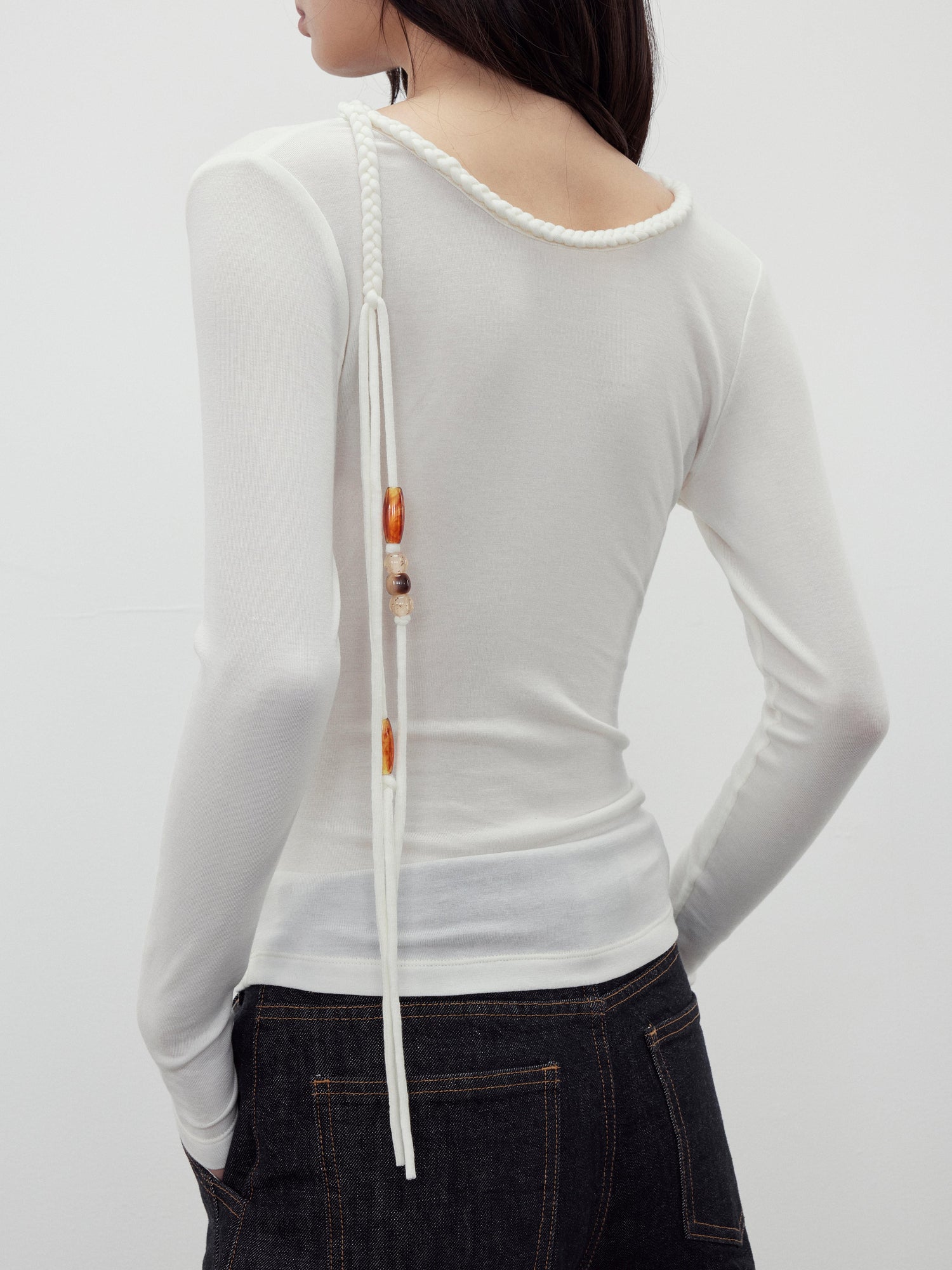 AFTADAWN Reversible Merino Wool Beaded Belted Top With Draped Neck
