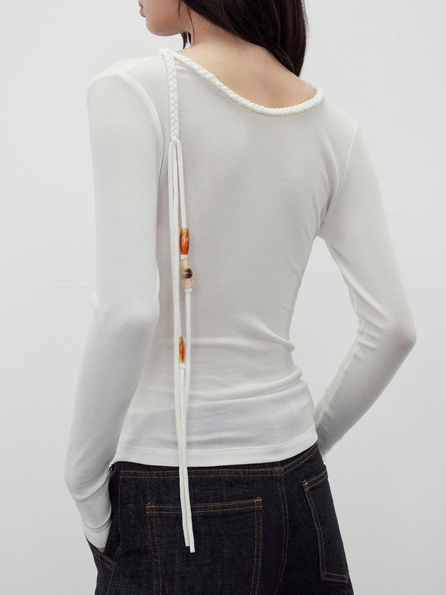 Reversible Merino Wool Beaded Belted Top With Draped Neck