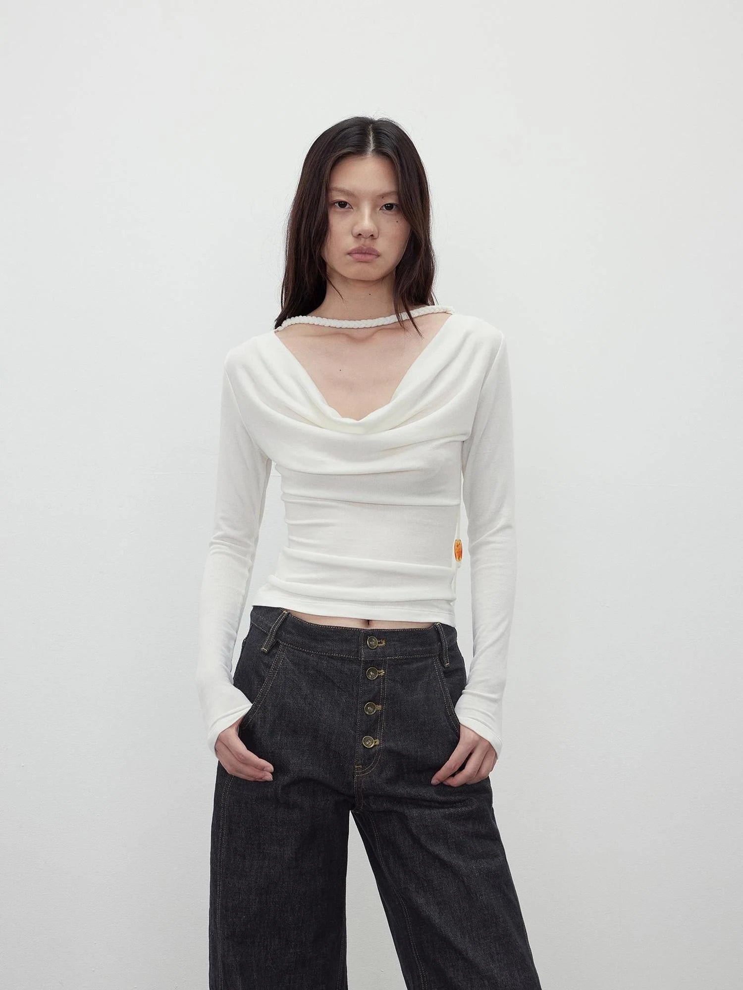 Reversible Merino Wool Beaded Belted Top With Draped Neck