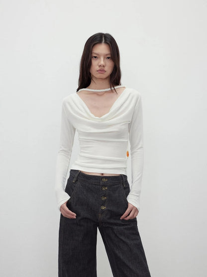 Reversible Merino Wool Beaded Belted Top With Draped Neck