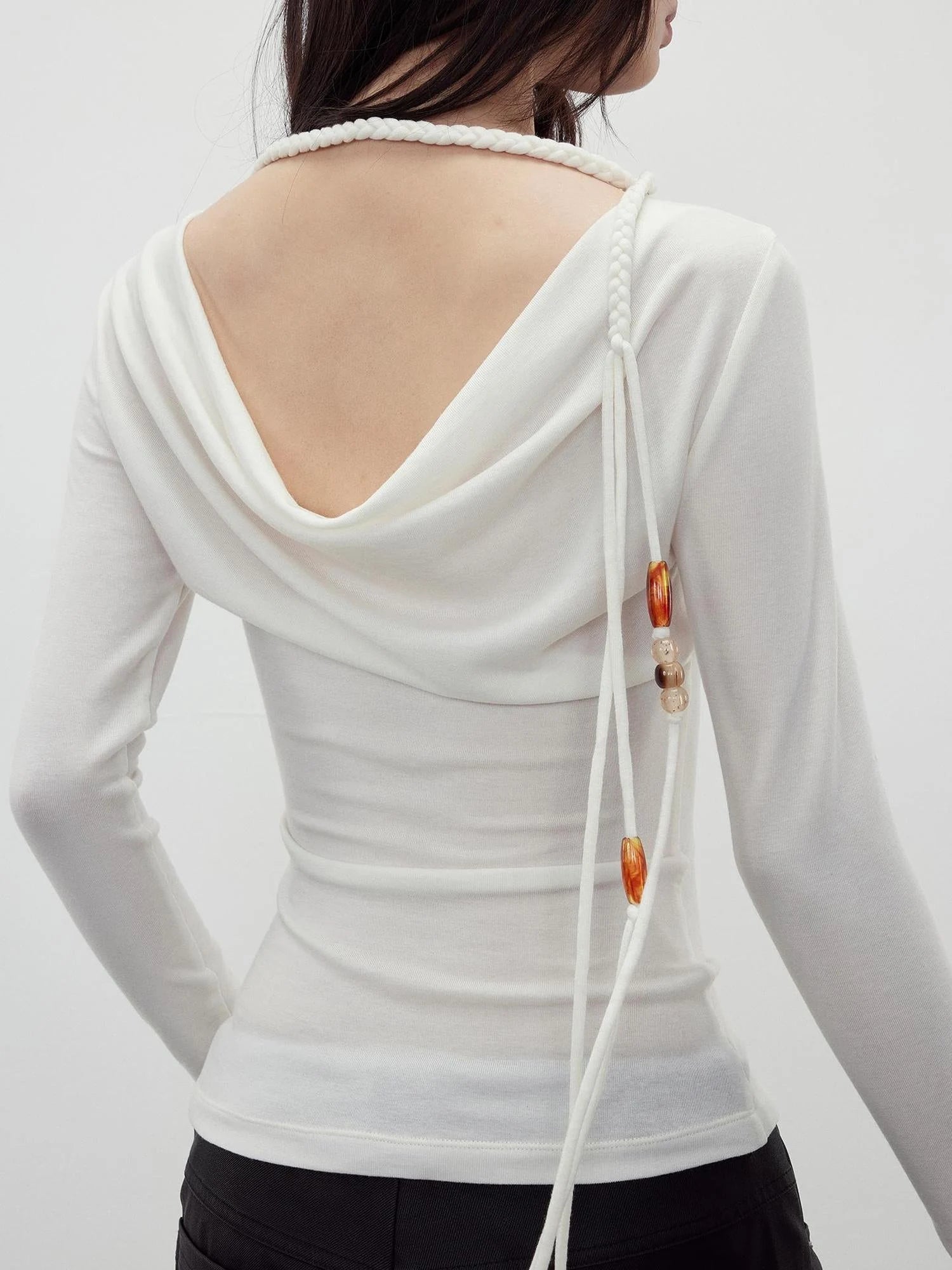 Reversible Merino Wool Beaded Belted Top With Draped Neck