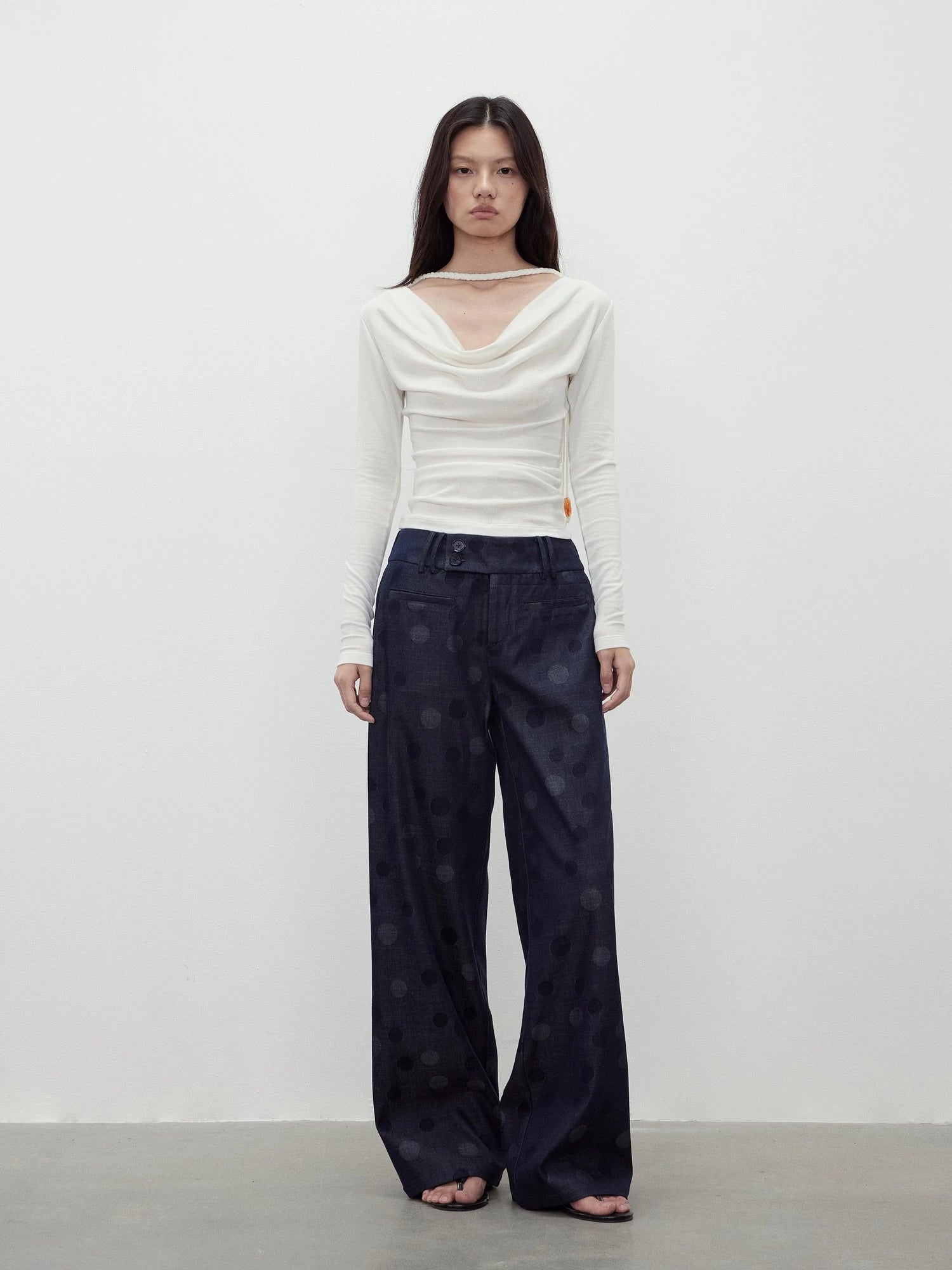 Reversible Merino Wool Beaded Belted Top With Draped Neck