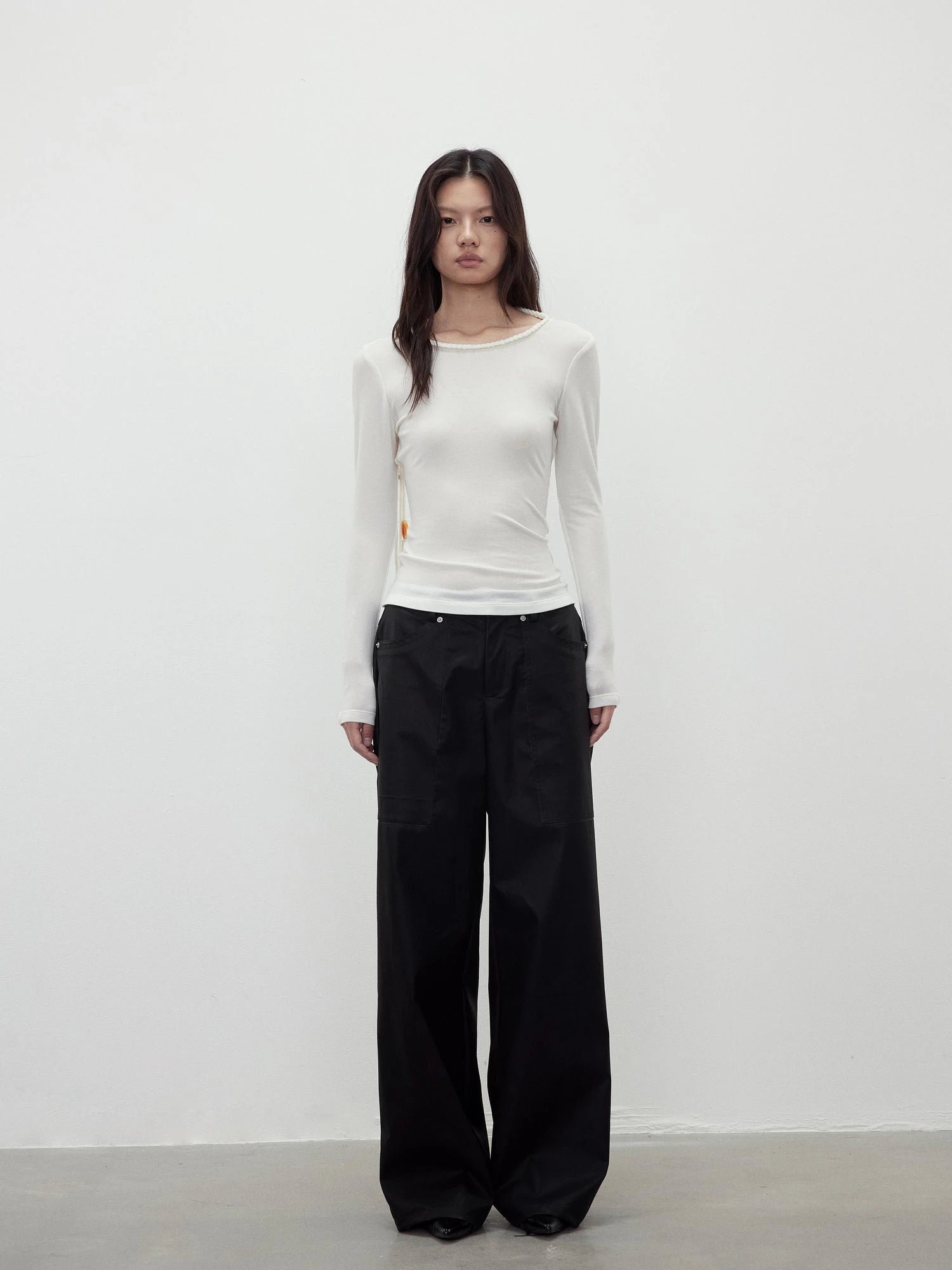 Reversible Merino Wool Beaded Belted Top With Draped Neck