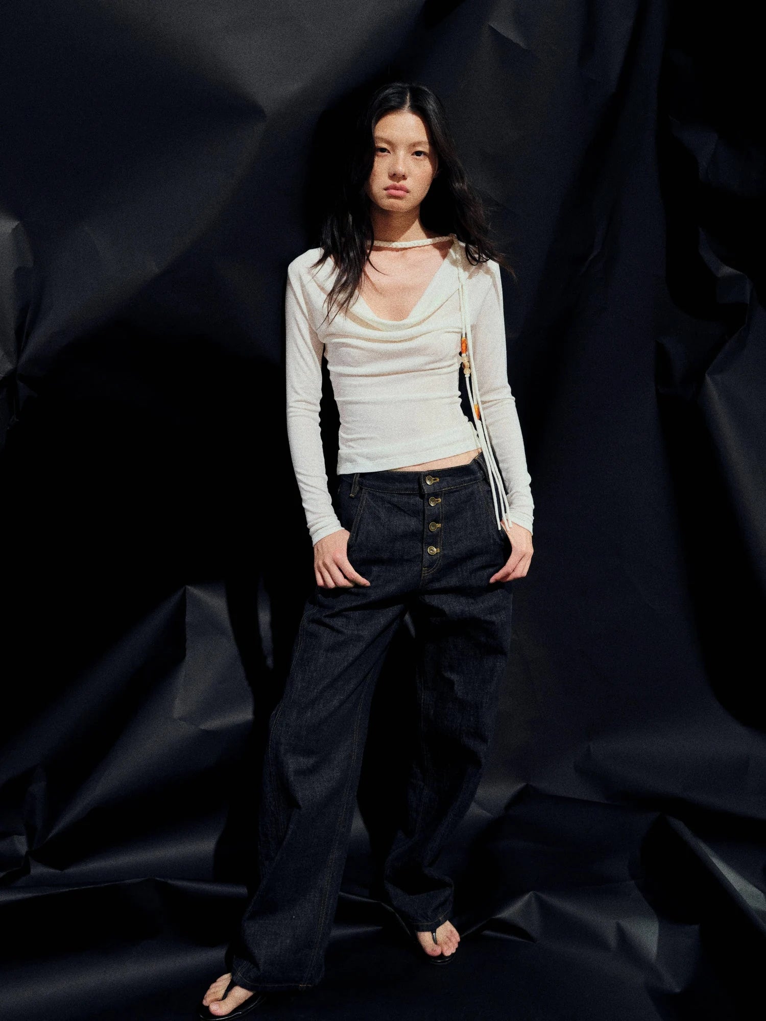 Reversible Merino Wool Beaded Belted Top With Draped Neck