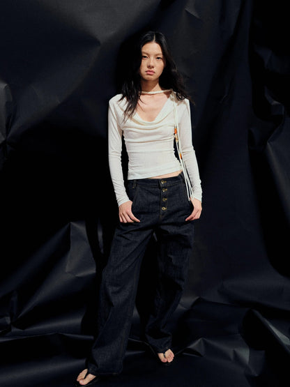 Reversible Merino Wool Beaded Belted Top With Draped Neck