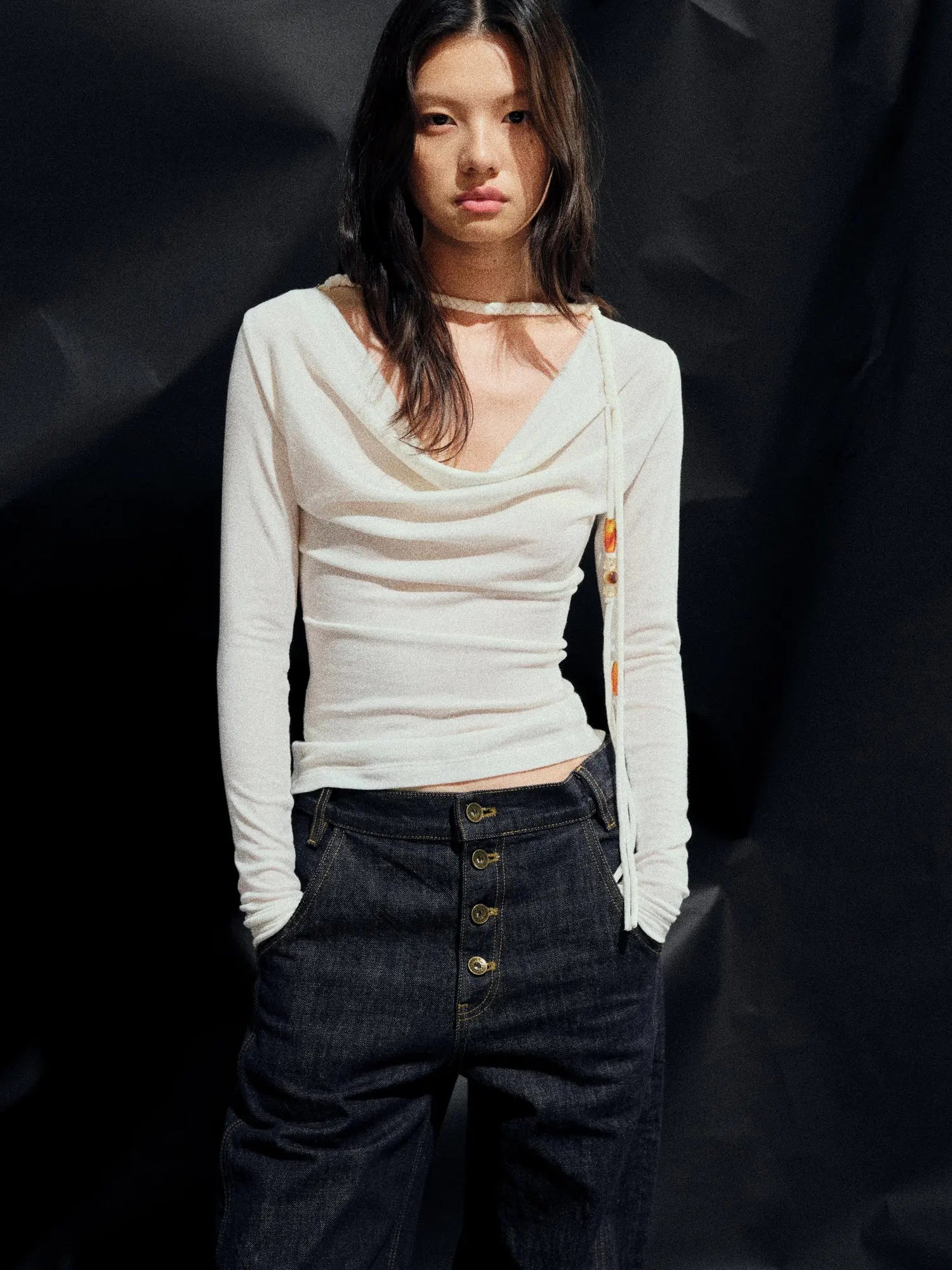 Reversible Merino Wool Beaded Belted Top With Draped Neck