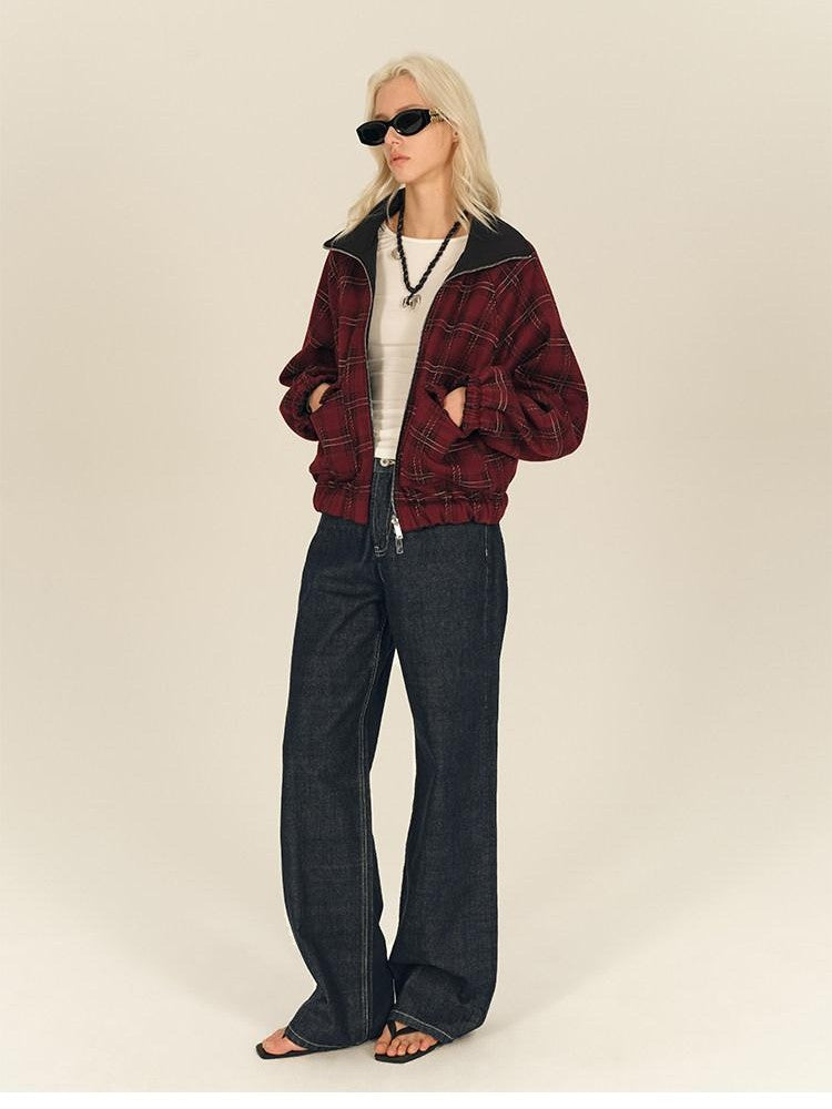 AFTADAWN Reversible Red Plaid Boxy Oversized Women&