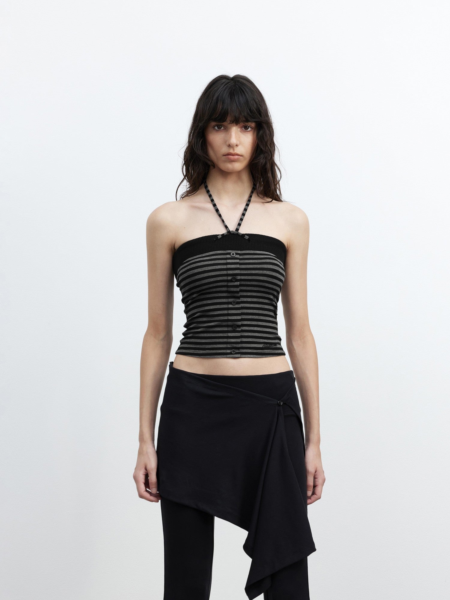 AFTADAWN Ribbed Contrast Colorblock Striped Tie Cropped Fitted Women&