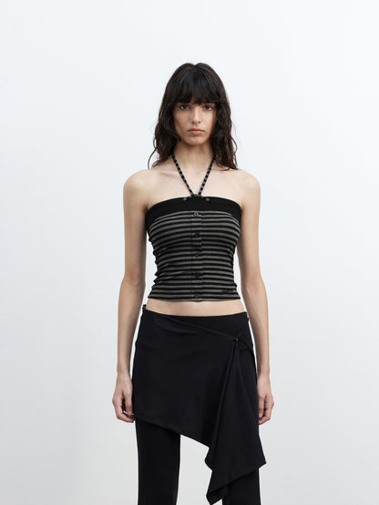 AFTADAWN Ribbed Contrast Colorblock Striped Tie Cropped Fitted Women&