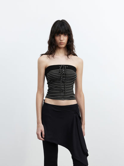 AFTADAWN Ribbed Contrast Colorblock Striped Tie Cropped Fitted Women&