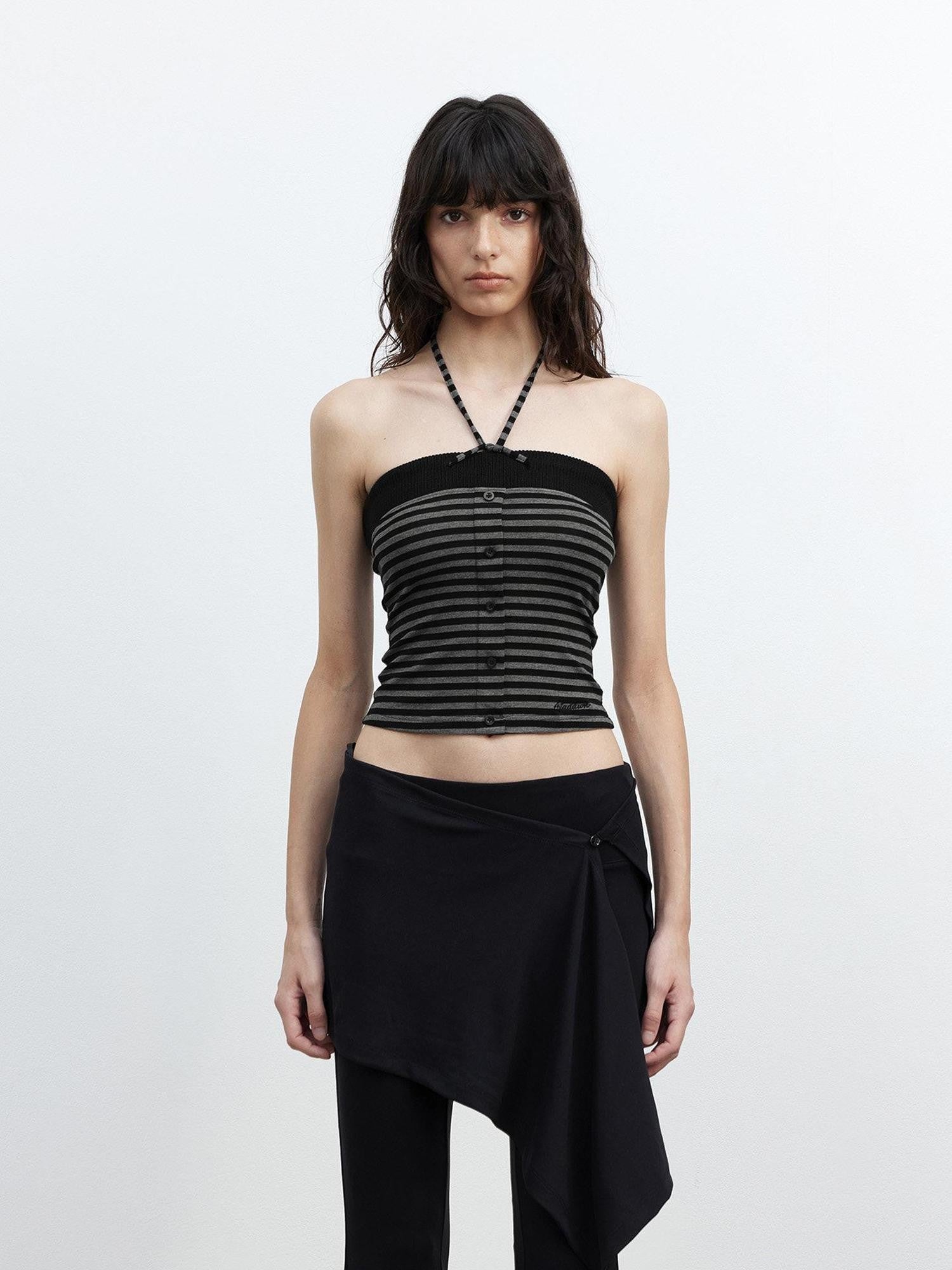 AFTADAWN Ribbed Contrast Colorblock Striped Tie Cropped Fitted Women&