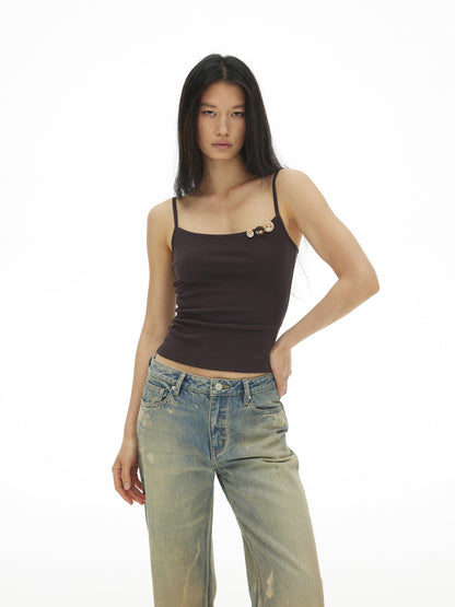 AFTADAWN Ribbed Three Button Thin Straps Cropped Women&