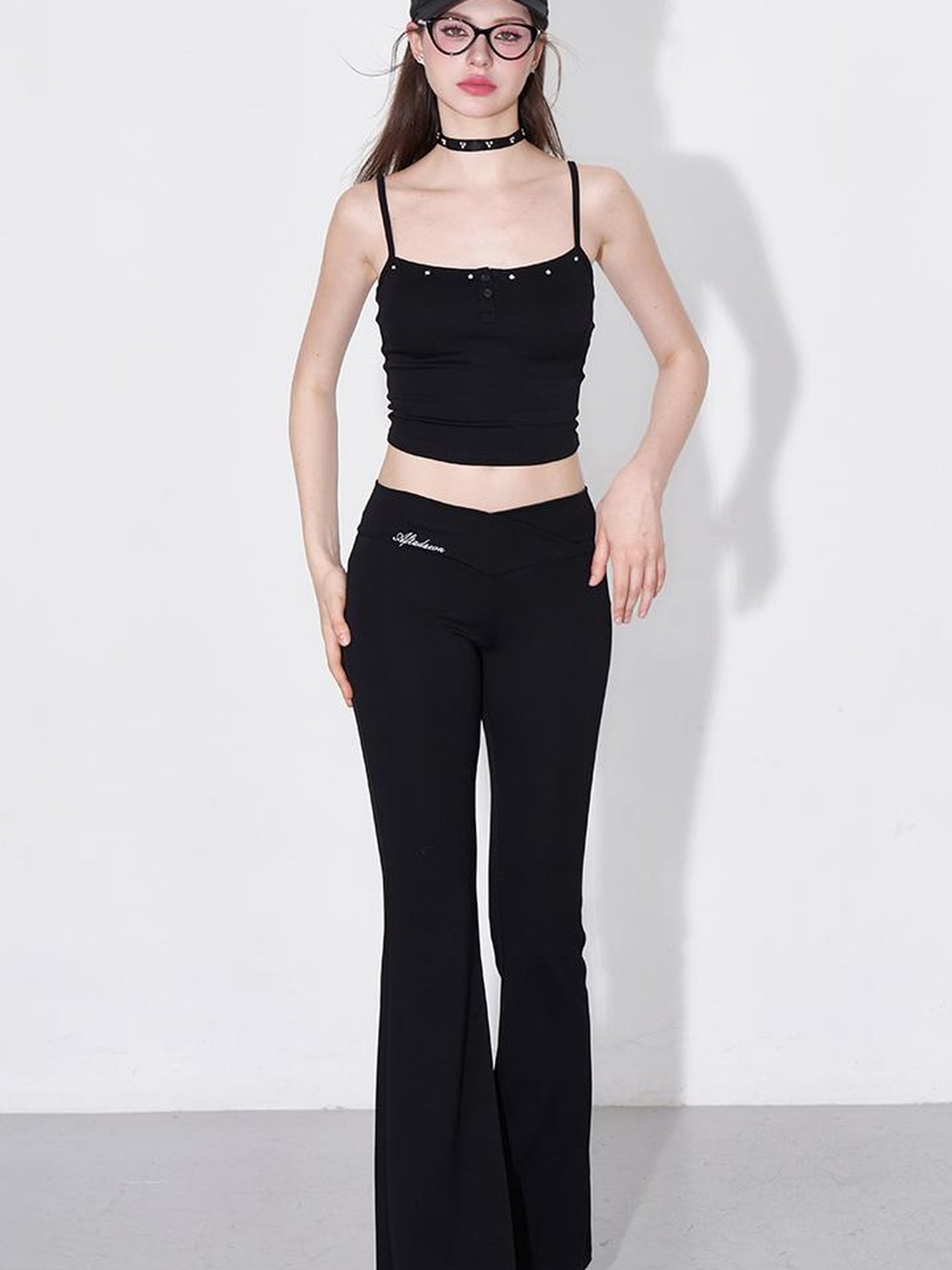 AFTADAWN Rivet Strap Top Flared High Waist Sun Protection Pants Set