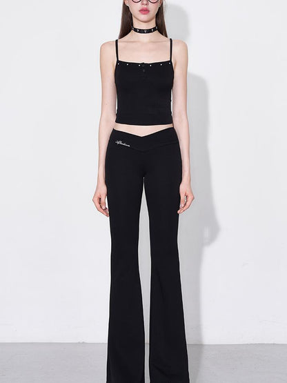 AFTADAWN Rivet Strap Top Flared High Waist Sun Protection Pants Set