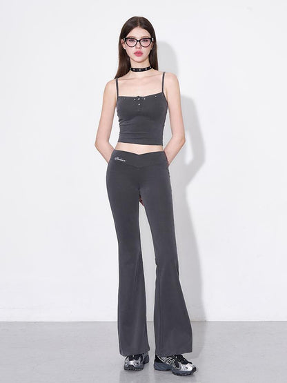 AFTADAWN Rivet Strap Top Flared High Waist Sun Protection Pants Set