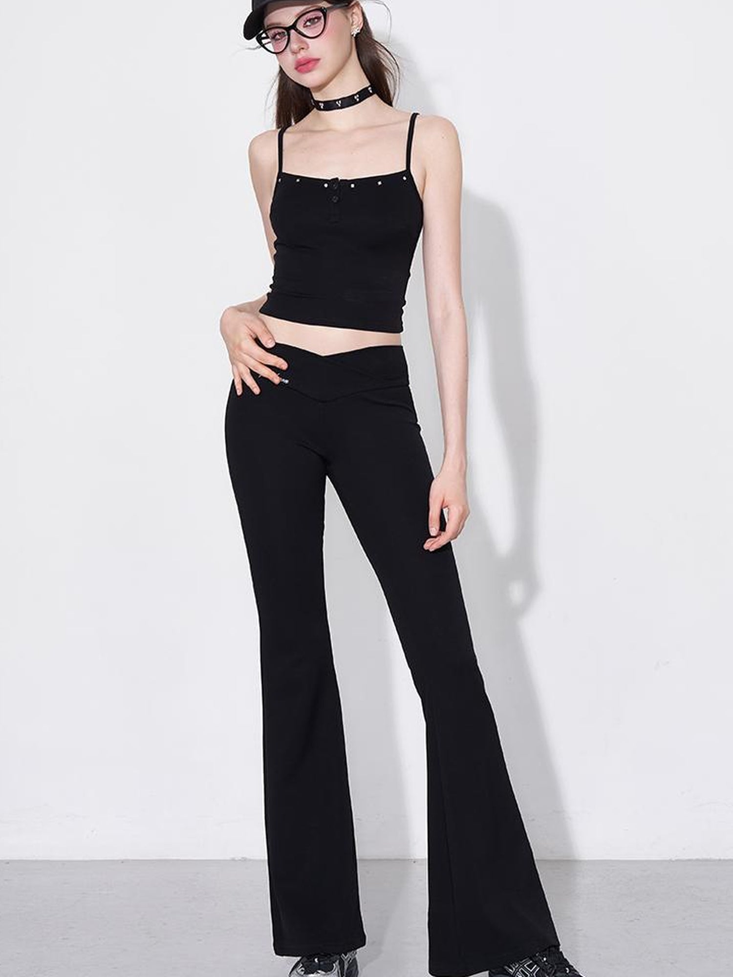 AFTADAWN Rivet Strap Top Flared High Waist Sun Protection Pants Set
