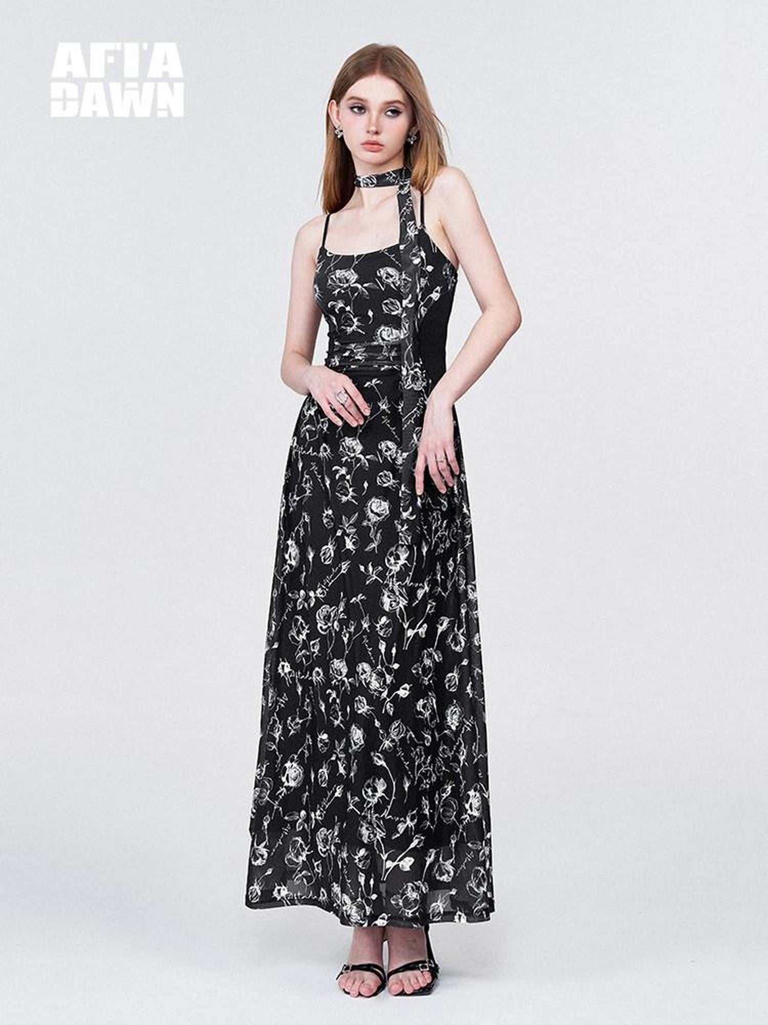 AFTADAWN Rose Print Mesh Camisole Ruched Waist Women&