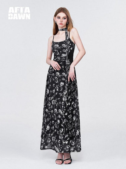 AFTADAWN Rose Print Mesh Camisole Ruched Waist Women&