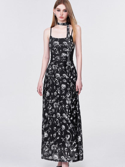 AFTADAWN Rose Print Mesh Camisole Ruched Waist Women&
