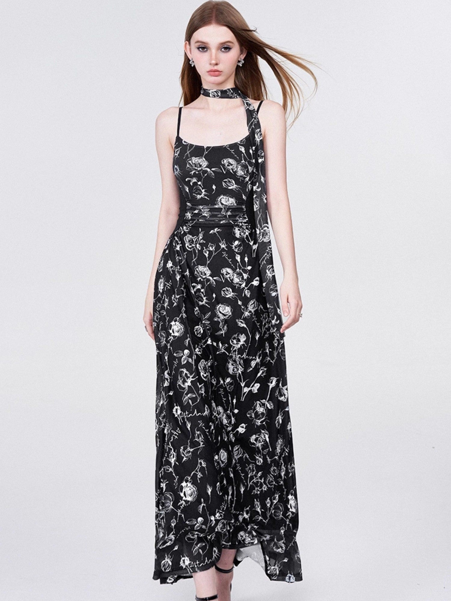 AFTADAWN Rose Print Mesh Camisole Ruched Waist Women&