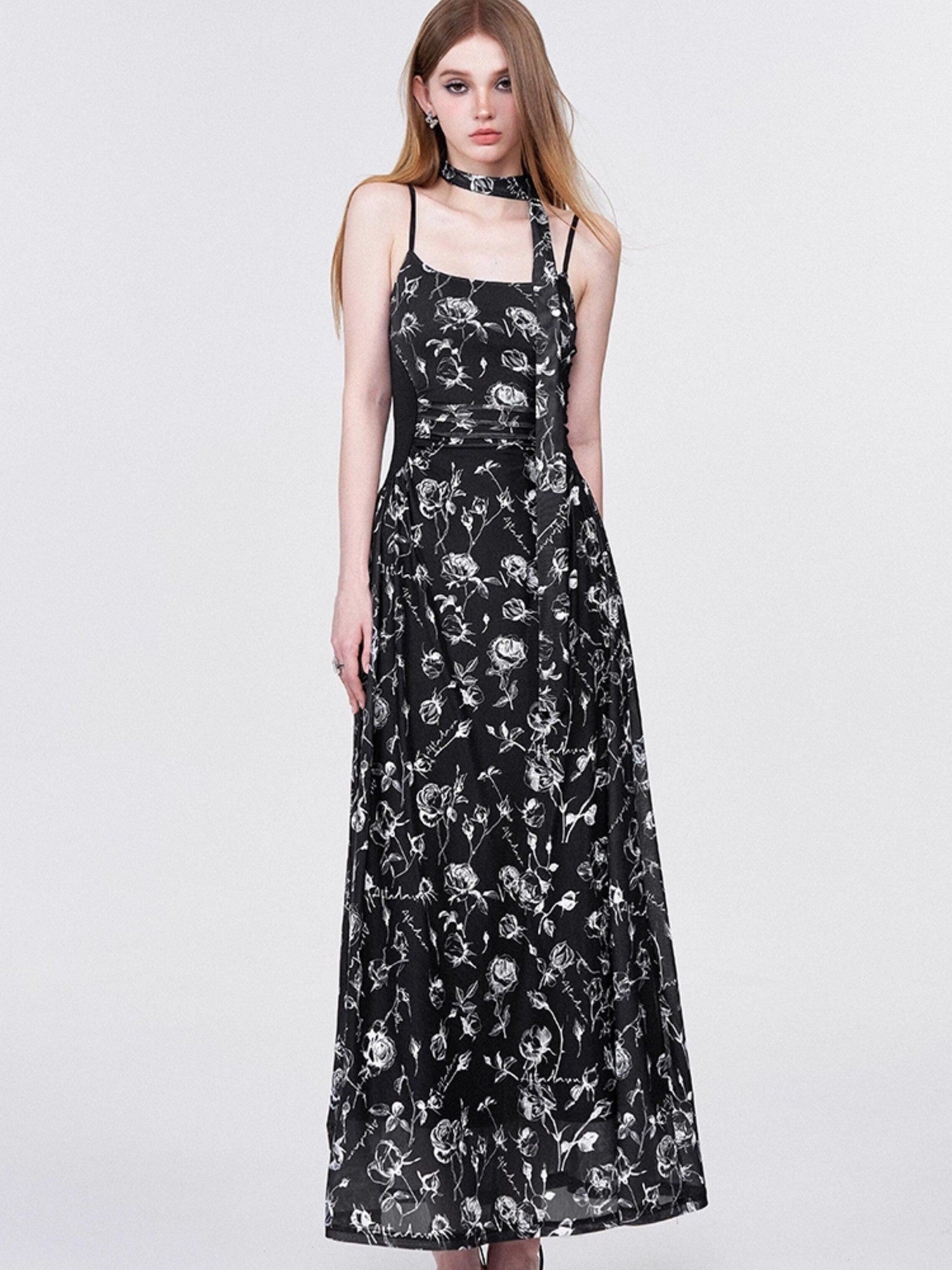 AFTADAWN Rose Print Mesh Camisole Ruched Waist Women&
