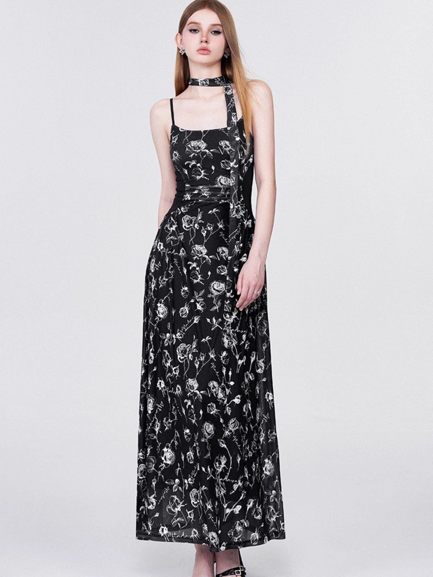 AFTADAWN Rose Print Mesh Camisole Ruched Waist Women&