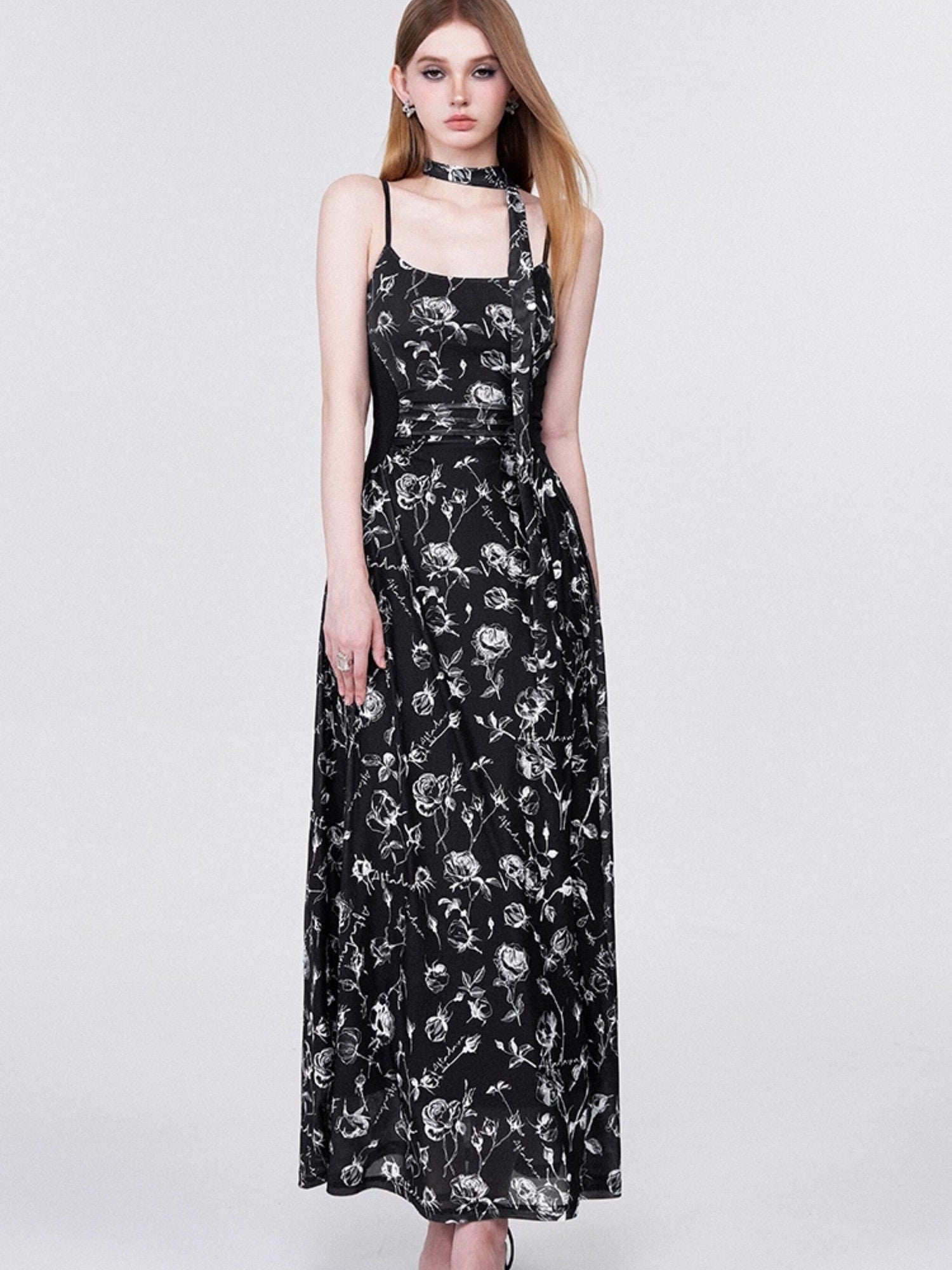 AFTADAWN Rose Print Mesh Camisole Ruched Waist Women&
