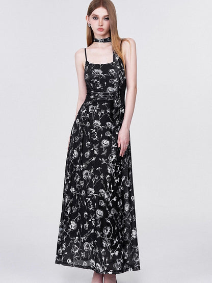 AFTADAWN Rose Print Mesh Camisole Ruched Waist Women&