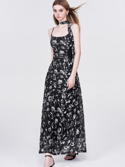 AFTADAWN Rose Print Mesh Camisole Ruched Waist Women&