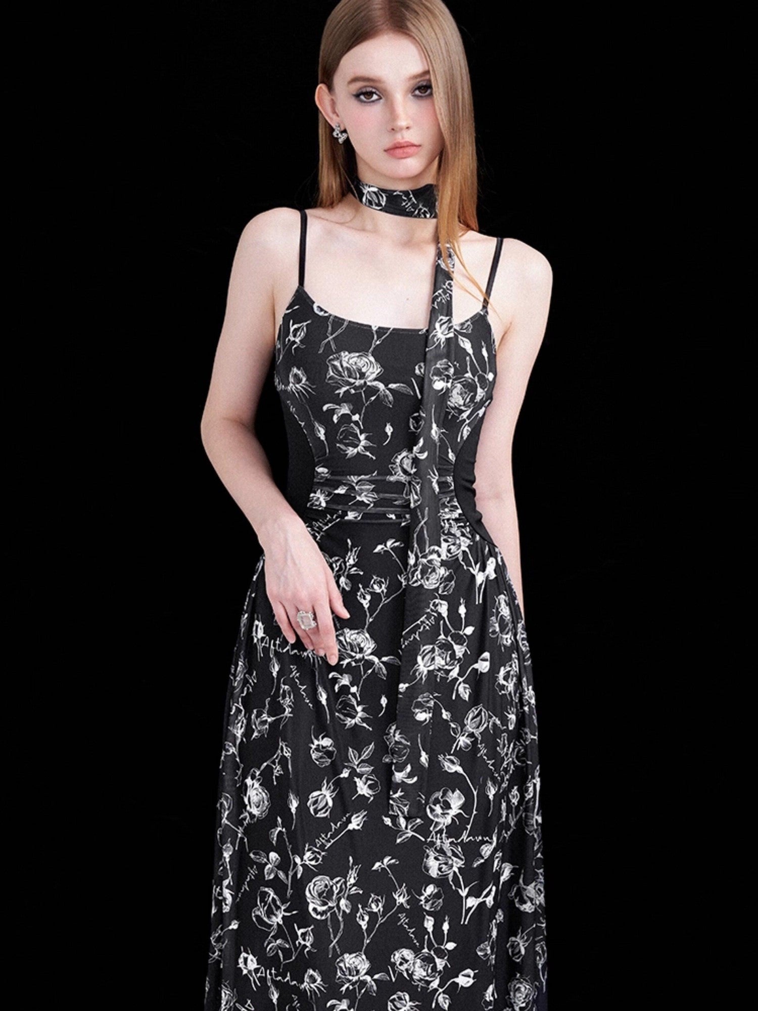 AFTADAWN Rose Print Mesh Camisole Ruched Waist Women&