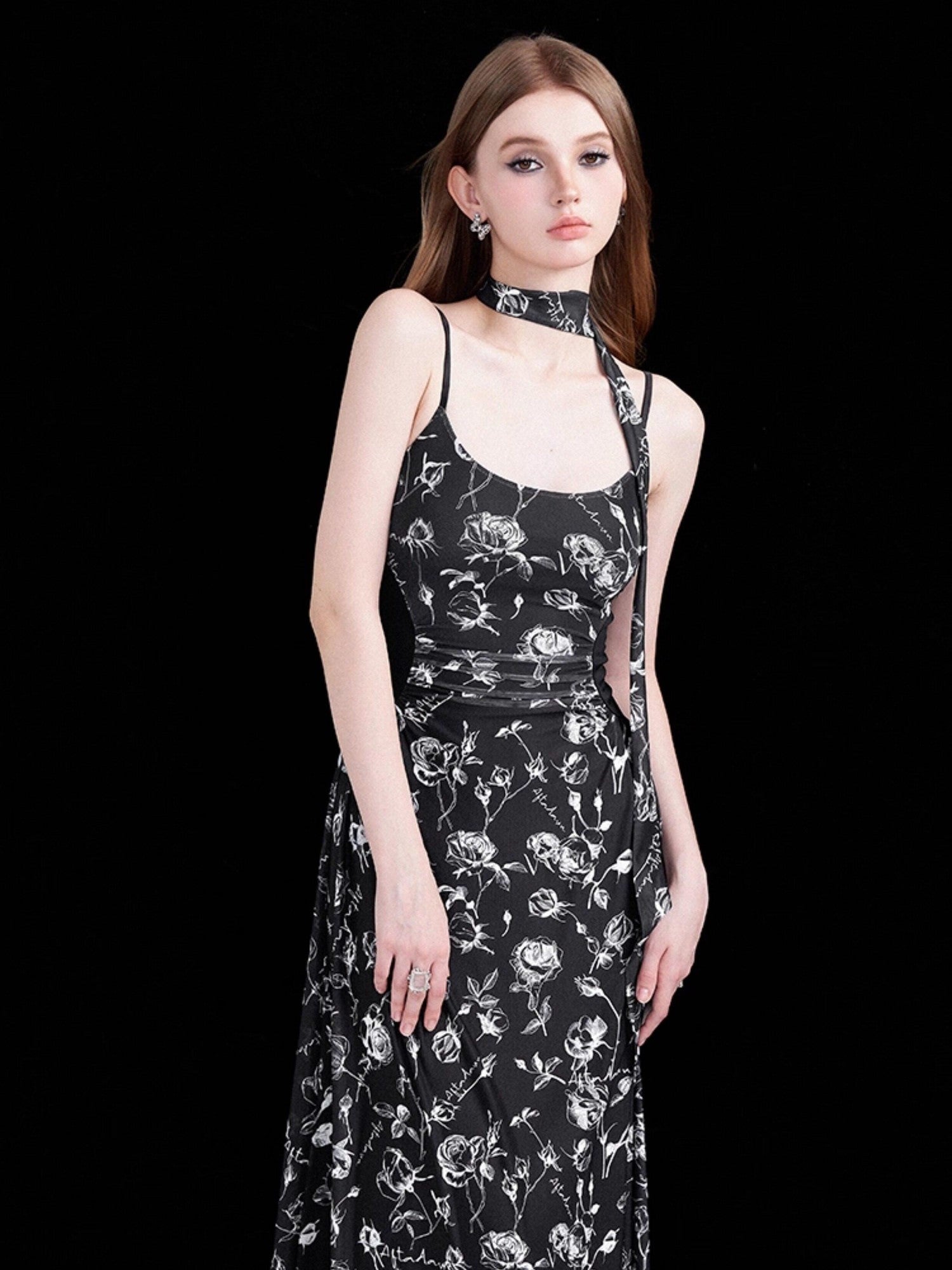 AFTADAWN Rose Print Mesh Camisole Ruched Waist Women&