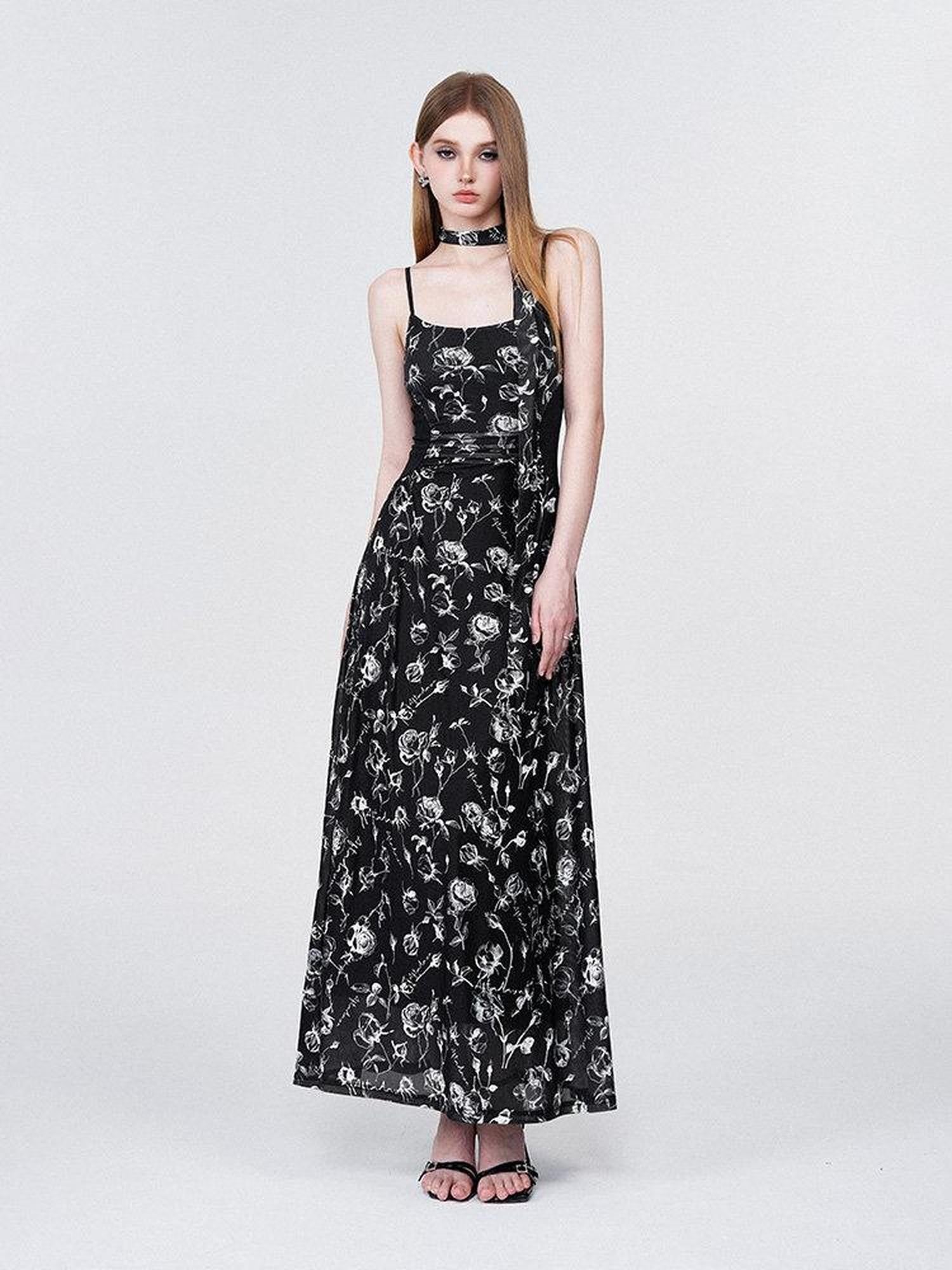 AFTADAWN Rose Print Mesh Camisole Ruched Waist Women&