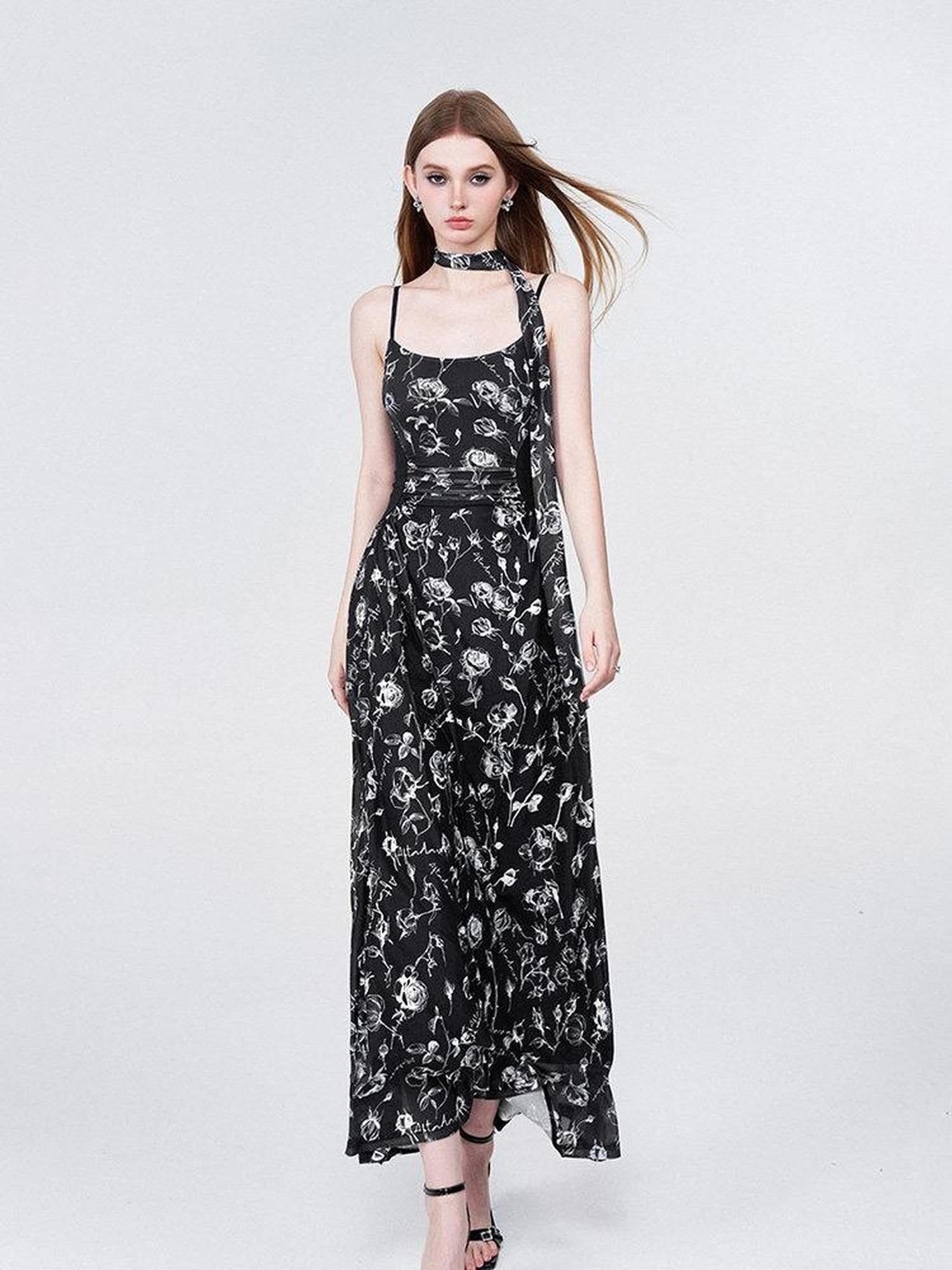 AFTADAWN Rose Print Mesh Camisole Ruched Waist Women&