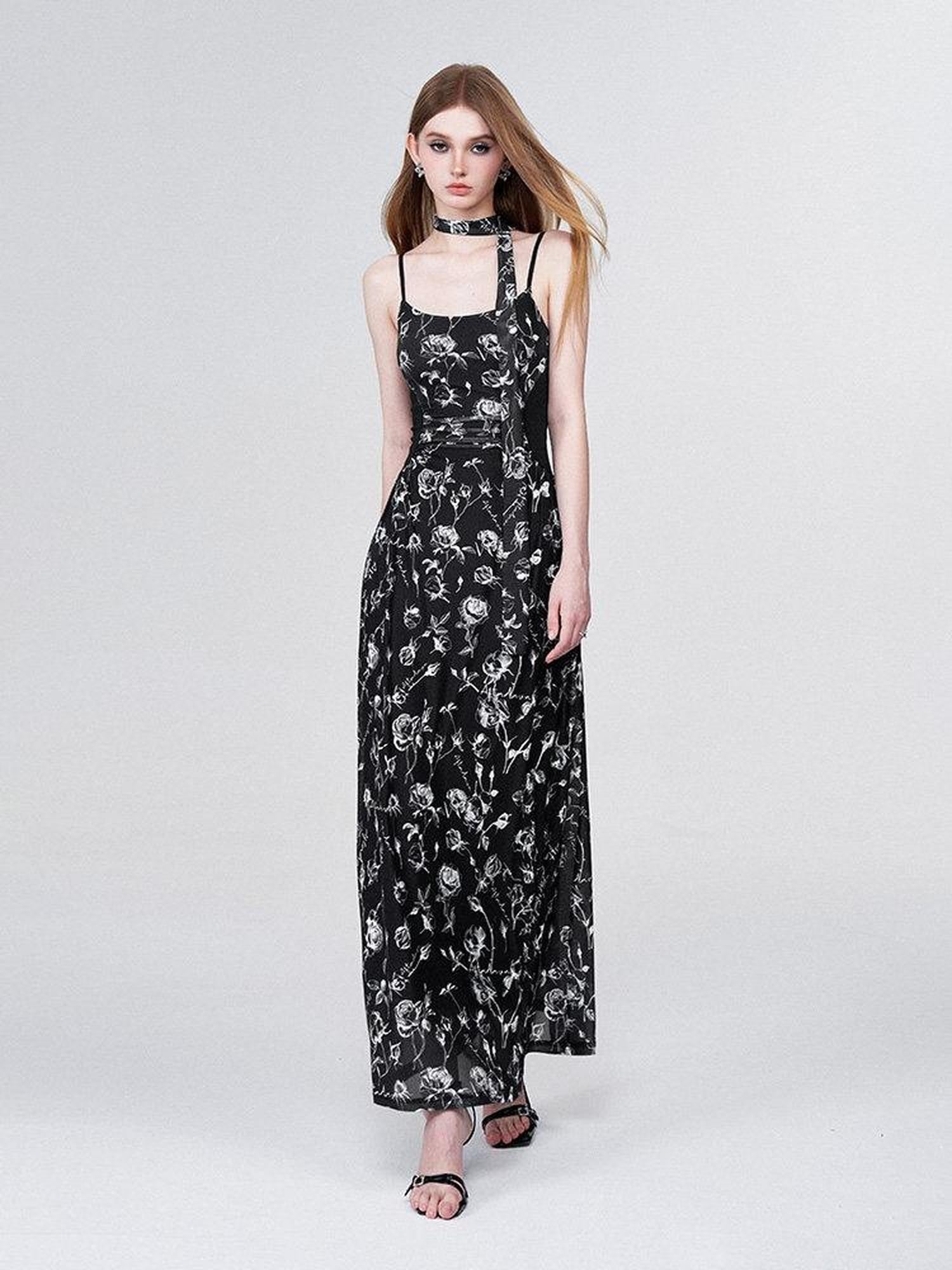 AFTADAWN Rose Print Mesh Camisole Ruched Waist Women&