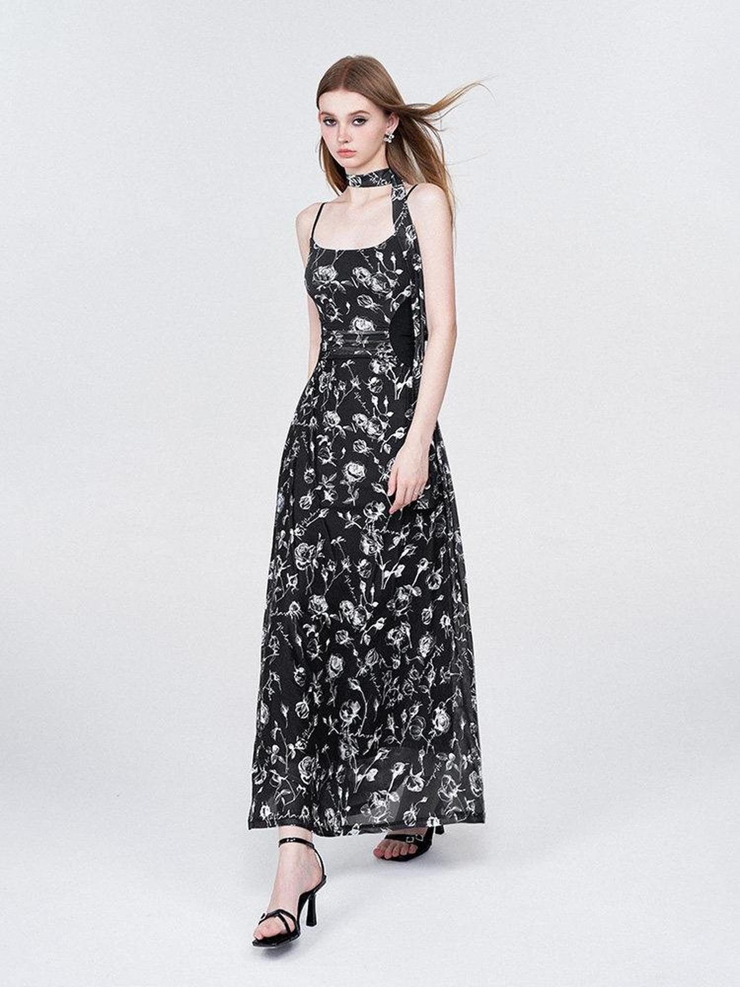 AFTADAWN Rose Print Mesh Camisole Ruched Waist Women&