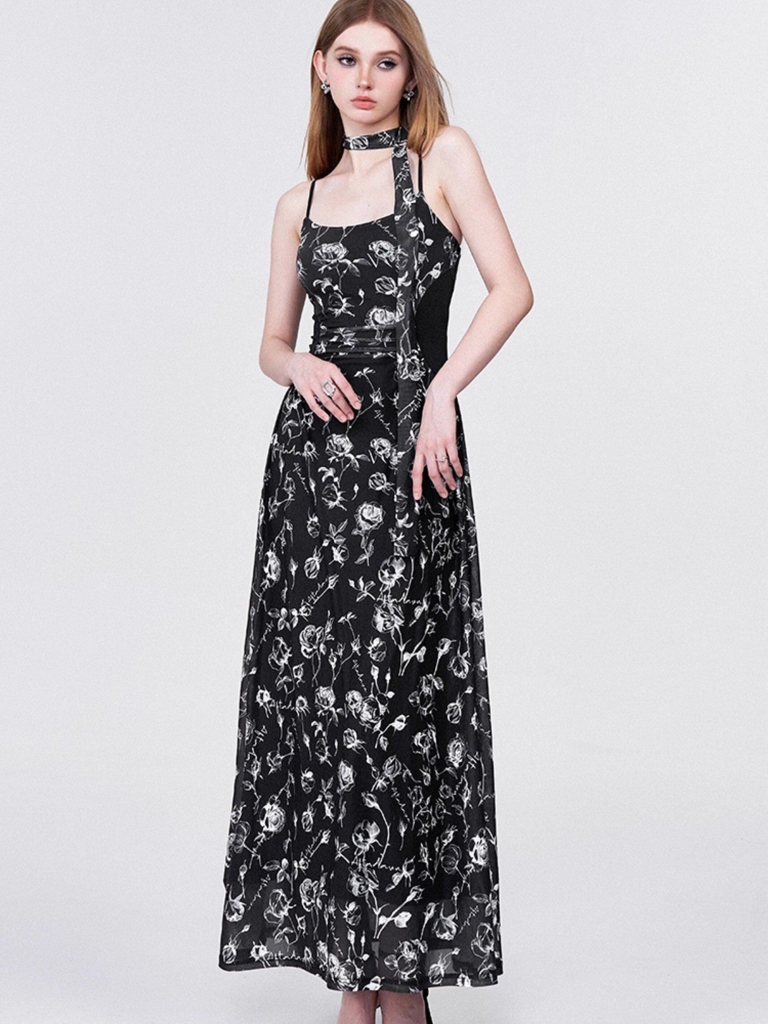 AFTADAWN Rose Print Mesh Camisole Ruched Waist Women&