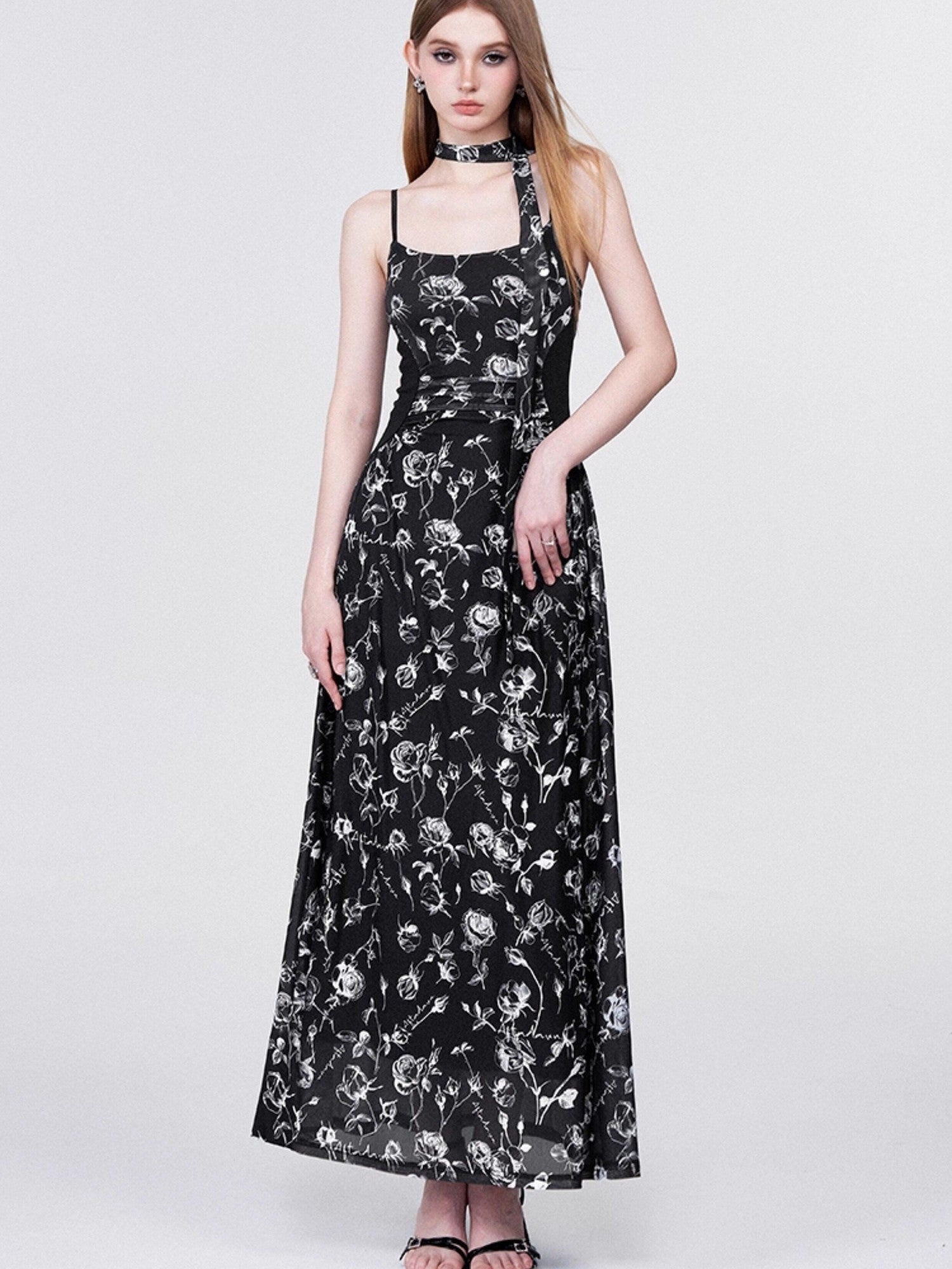 AFTADAWN Rose Print Mesh Camisole Ruched Waist Women&