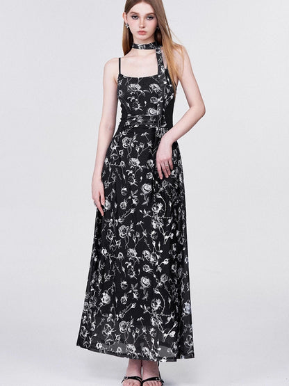 AFTADAWN Rose Print Mesh Camisole Ruched Waist Women&