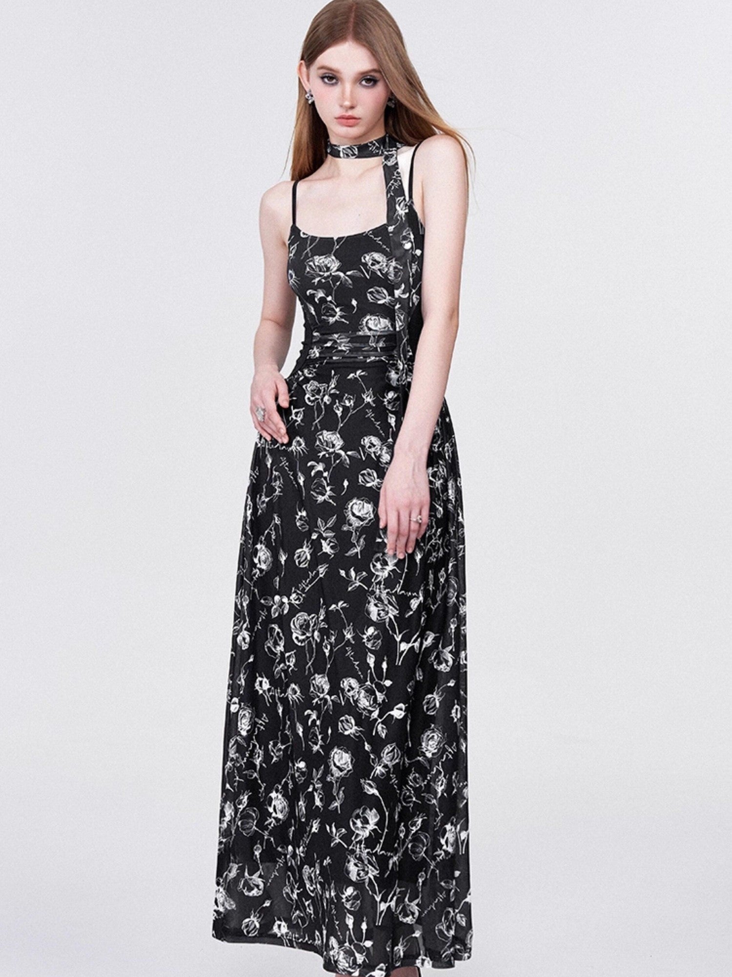AFTADAWN Rose Print Mesh Camisole Ruched Waist Women&