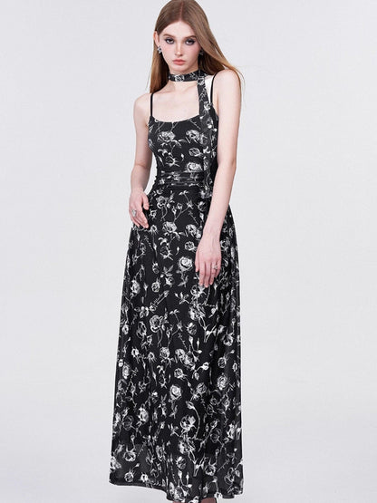 AFTADAWN Rose Print Mesh Camisole Ruched Waist Women&