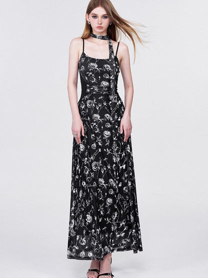 AFTADAWN Rose Print Mesh Camisole Ruched Waist Women&