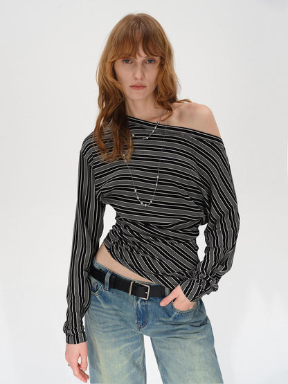 AFTADAWN Ruched Asymmetric Neck Striped Women&