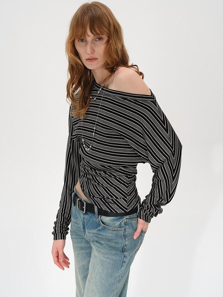 AFTADAWN Ruched Asymmetric Neck Striped Women&