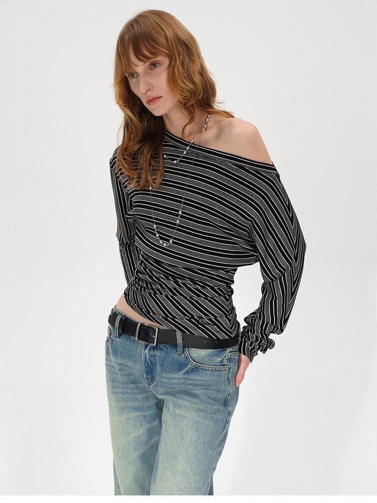 AFTADAWN Ruched Asymmetric Neck Striped Women&
