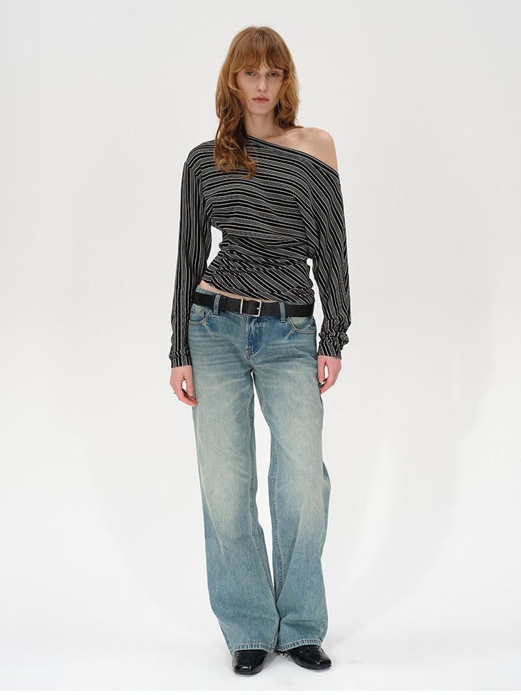 AFTADAWN Ruched Asymmetric Neck Striped Women&