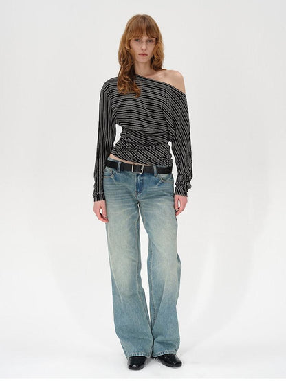 AFTADAWN Ruched Asymmetric Neck Striped Women&